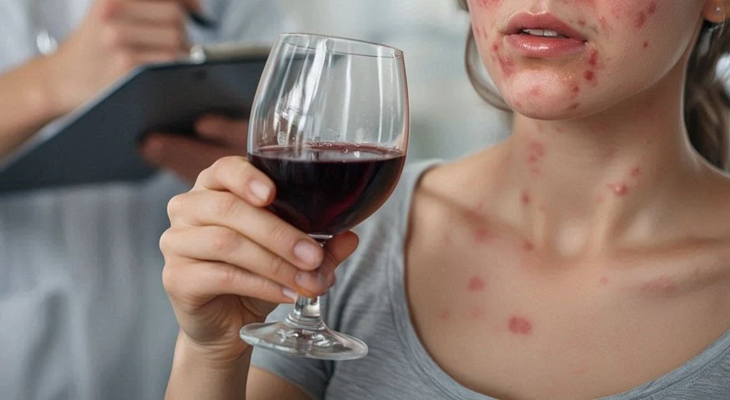 Alergia na alkohol – wysypka i zaczerwienienia skóry po spożyciu alkoholu u kobiety