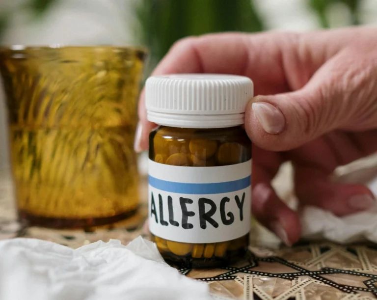 Alergia na leki – butelka z tabletkami antyalergicznymi trzymana w dłoni, obok szklanki wody i chusteczki