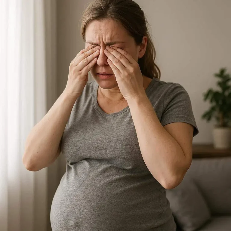 Zdjęcie przedstawiające kobietę, która ma objawy alergii w ciąży.
